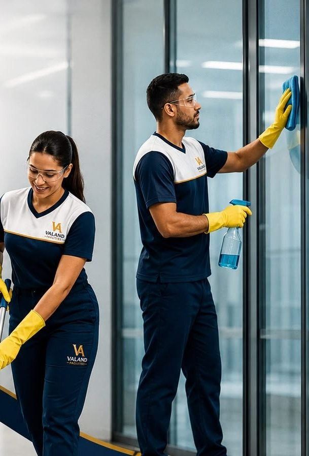 Equipe Valand limpando vidros e pisos em ambiente corporativo